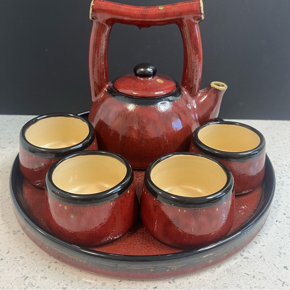 7 Pc PIER ONE Shanghai Earthenware Tea Set | Rustic Red w Black Trim, Distressed